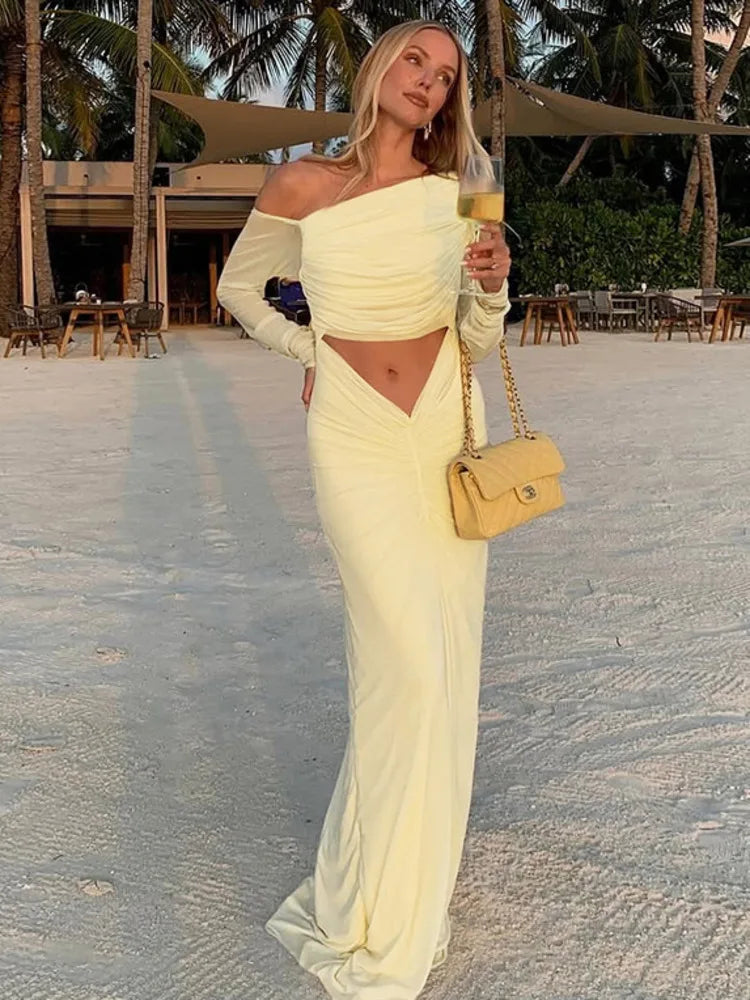 שמלת מקסי כיווצים בעיצוב פתח ושרוולי רשת כתפיים חשופות - אורה