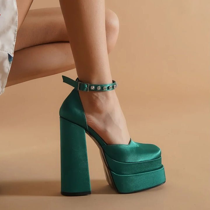 Platform doll shoes in silk satin fabric decorated with diamonds - Melis
