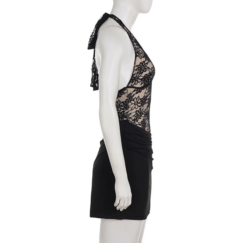 Pleated mini dress in lace bodysuit design - LISS