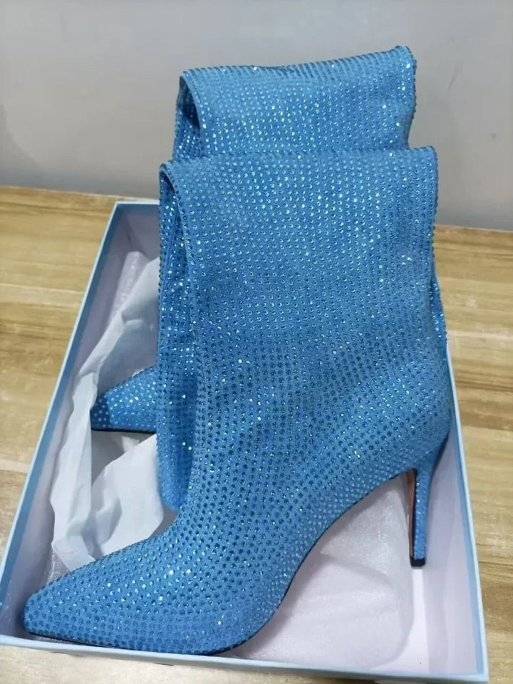 High-heeled pointed-toe boots with glittery rhinestones - Josie