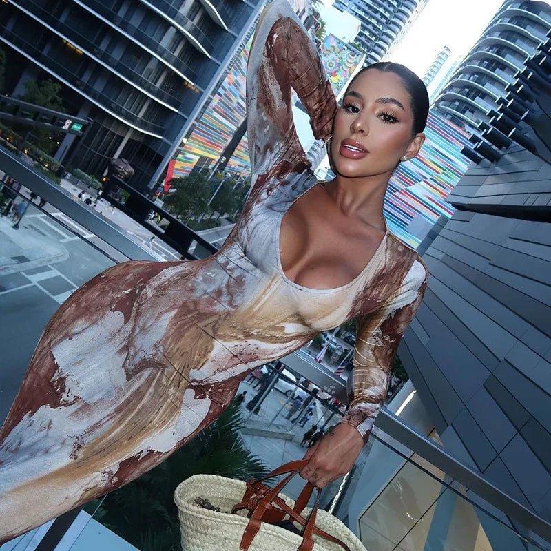 שמלת מקסי צמודה בהדפס מיוחד - סטורם