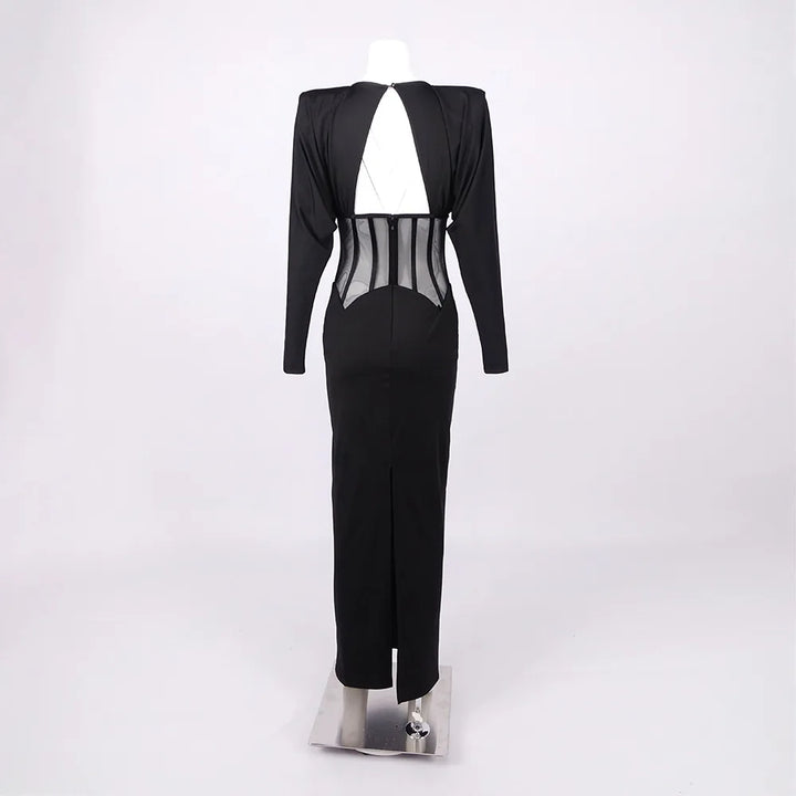 Maxi dress with a slit design and a mesh bodice with a diamond buckle - AMOR