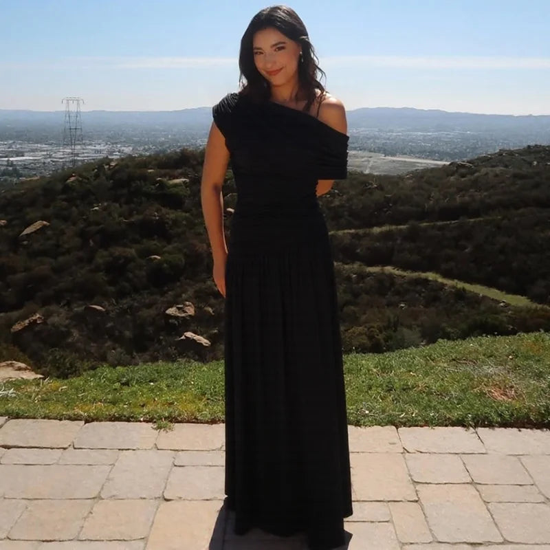 שמלת מקסי קיפולים אלגנטית כתף חשופה - מיילין