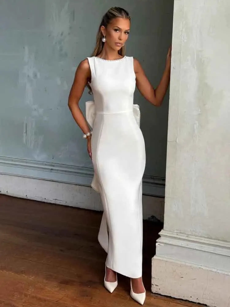 שמלת מקסי בעיצוב אלגנטי יוקרתי בעיטור פפיון ופנינים גב פתוח - קריסטין