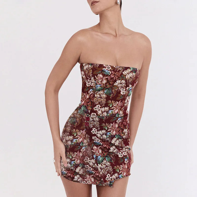 שמלת מיני סטרפלס בסגנון וינטג' בעיצוב רקמת פרחים - יולנדה