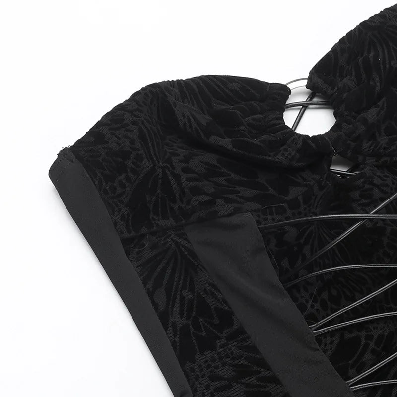 אוברול סטרפלס רשת בעיצוב קטיפה מנומרת בעיטור אבזם חישוק - בלאק לונה