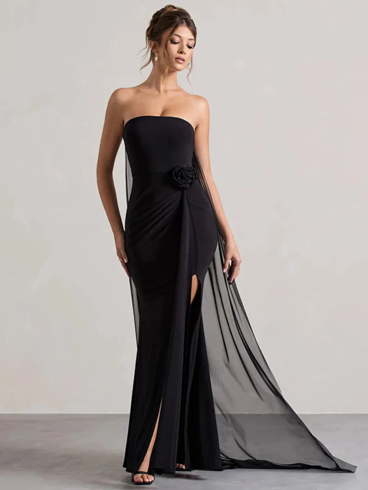 שמלת מקסי סטרפלס בעיצוב שסע ושובל שיפון בעיטור פרח - אנג'לס