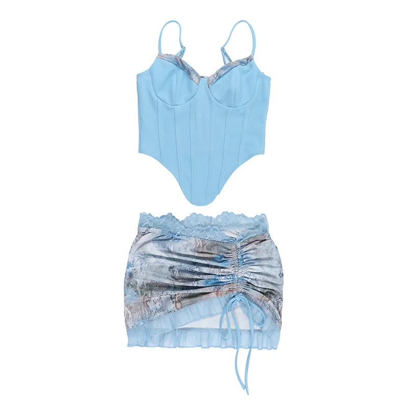 סט שני חלקים טופ מחוך וחצאית מיני כיווצים בעיצוב ANIMAL PRINT  - טינה