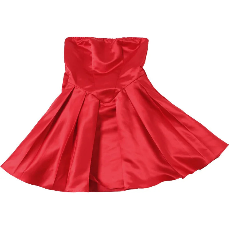 שמלת מיני סטרפלס סאטן בגזרת A בעיטור פפיון בגב - טאיסיה