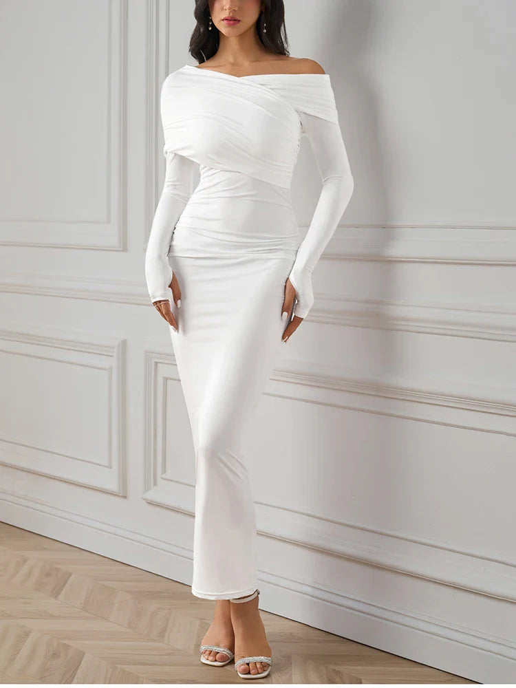 שמלת מקסי כיווצים בעיצוב כתף חשופה - שראלה