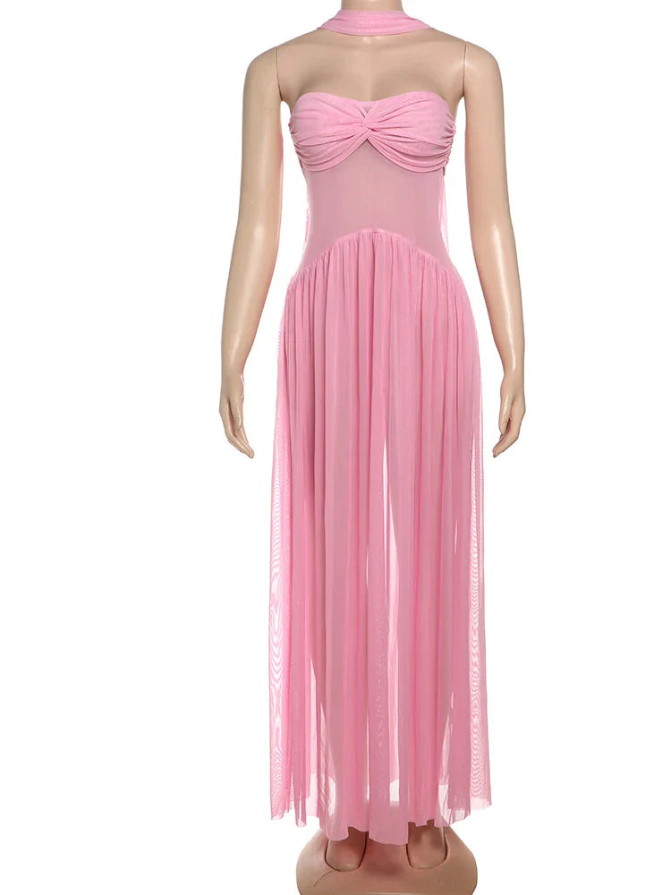 שמלת מקסי סטרפלס שיפון בעיצוב כיווצים בעיטור צעיף תואם - מיה