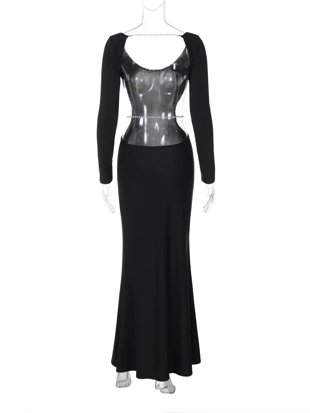 שמלת מקסי גב ומותן פתוח בעיטור שרשראות - דניס