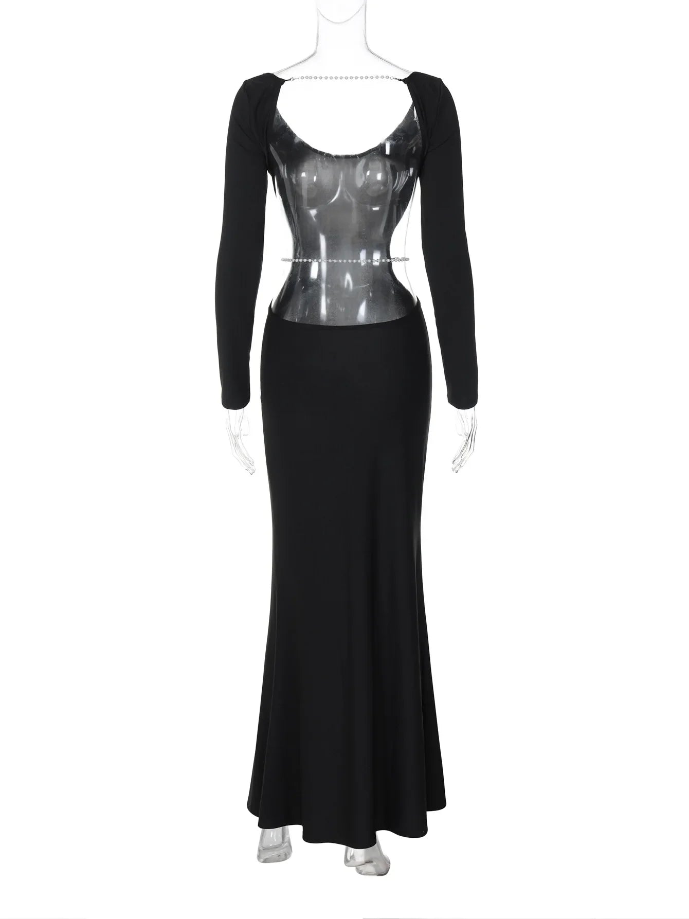 שמלת מקסי גב ומותן פתוח בעיטור שרשראות - דניס