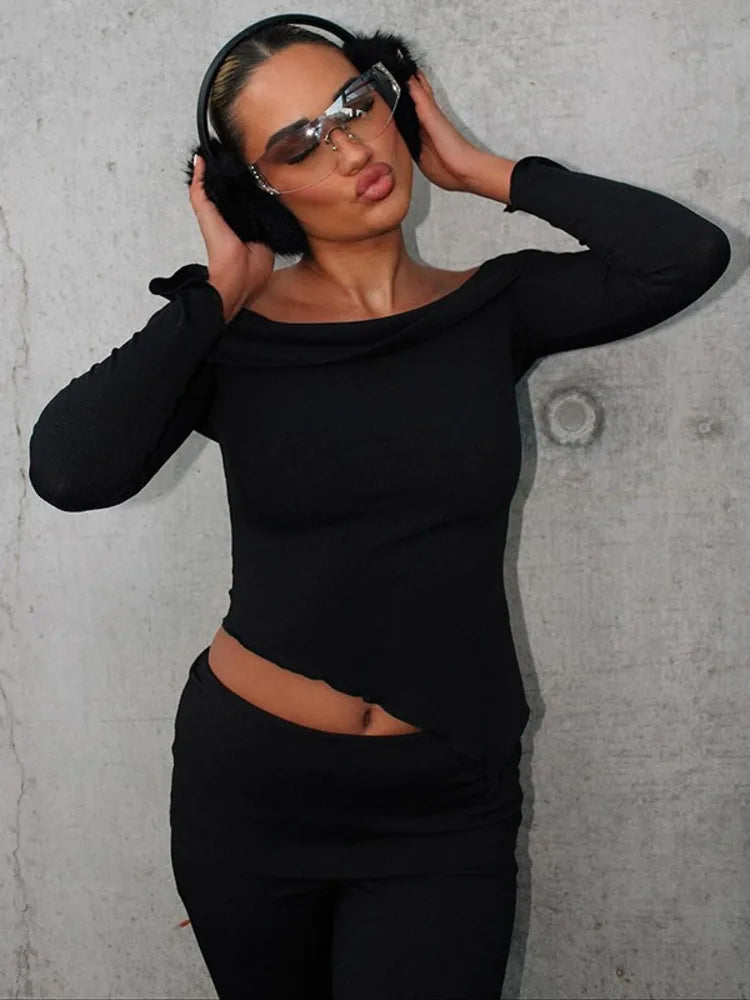 חליפת שני חלקים סרוגה חולצת כתפיים חשופות בגזרה אסימטרית ומכנסיים ארוכים - ROZIE