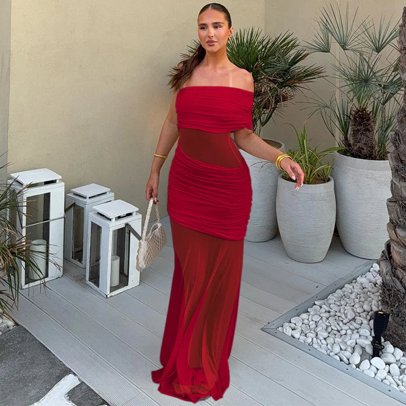 שמלת מקסי כיווצים בעיצוב שיפון כתפיים חשופות - מלאניה