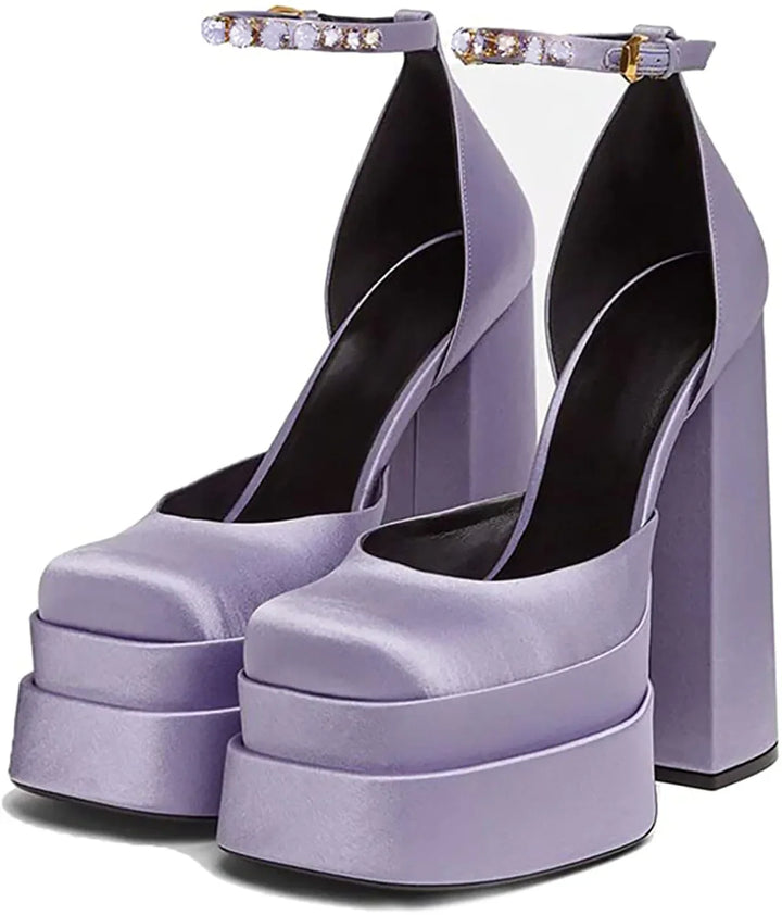 Platform doll shoes in silk satin fabric decorated with diamonds - Melis