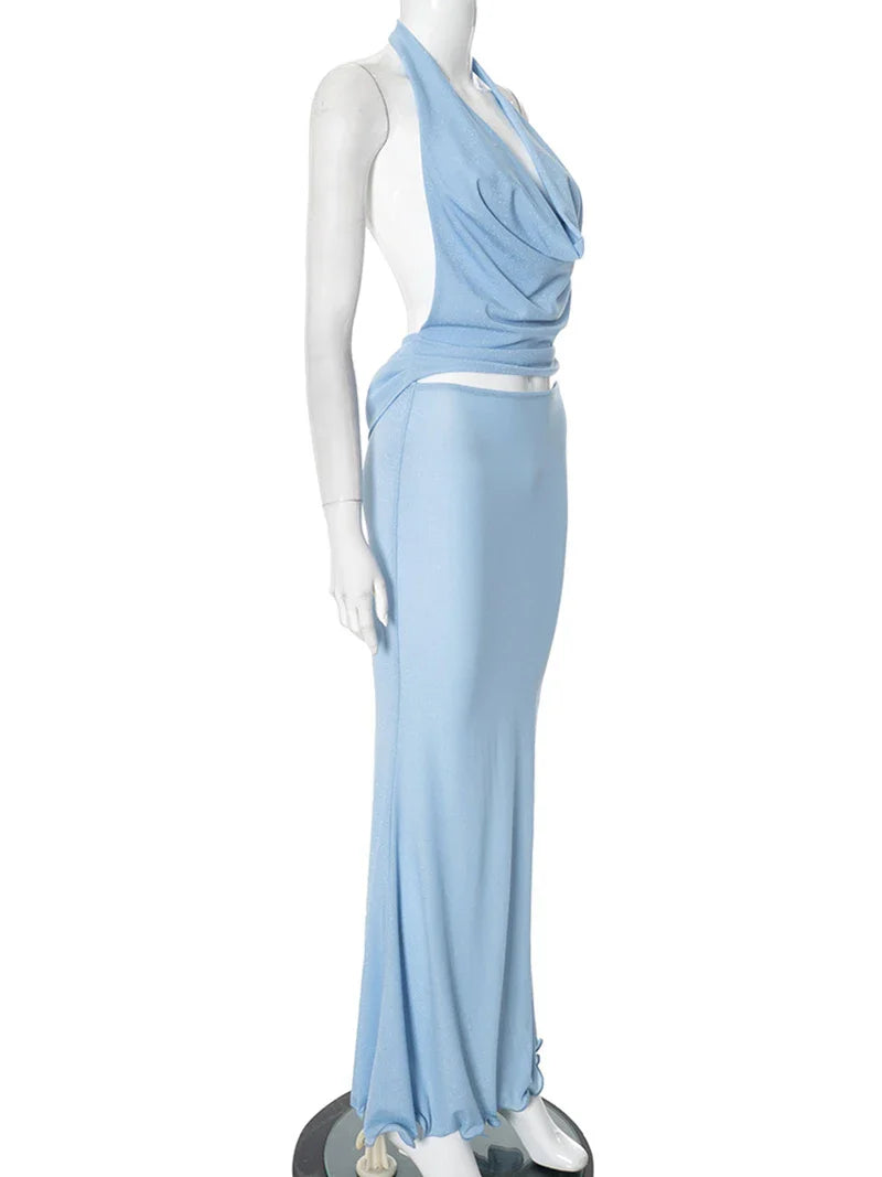 סט שני חלקים בעיצוב בד נשפך טופ צווארון נופל גב פתוח וחצאית מקסי - סקרלט