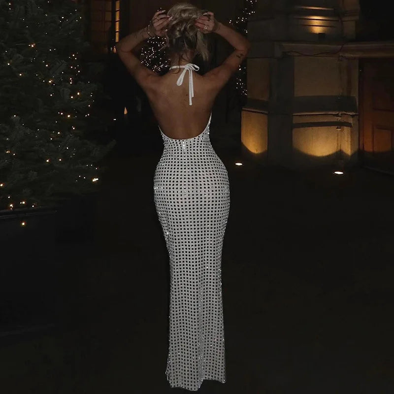 שמלת מקסי קולר גב פתוח בעיצוב רבועים מנצנצים - קייסי