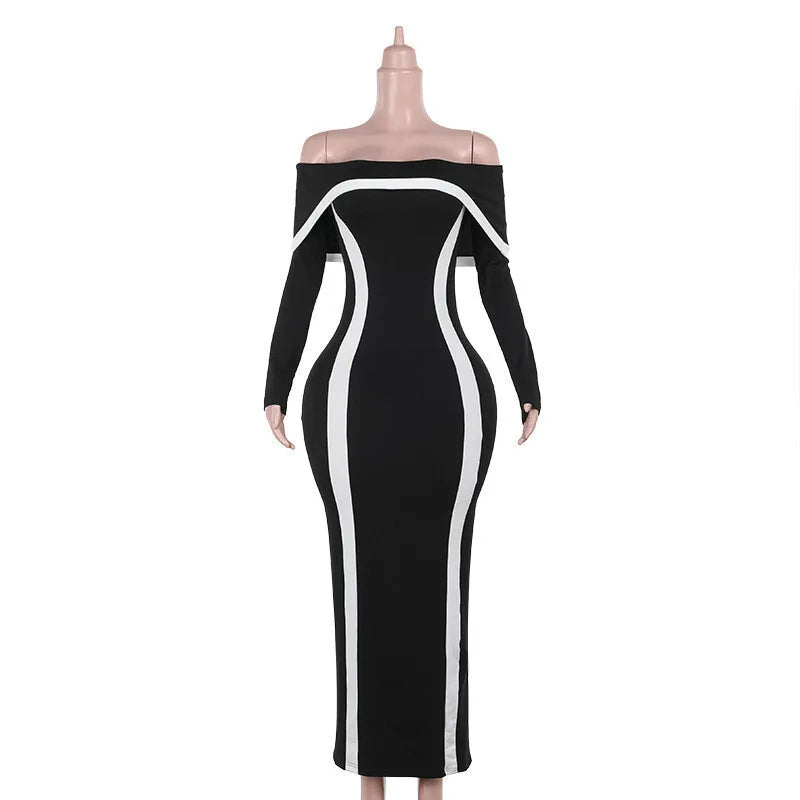 שמלת מקסי כתפיים חשופות בעיטור קווי מתאר - קייטי