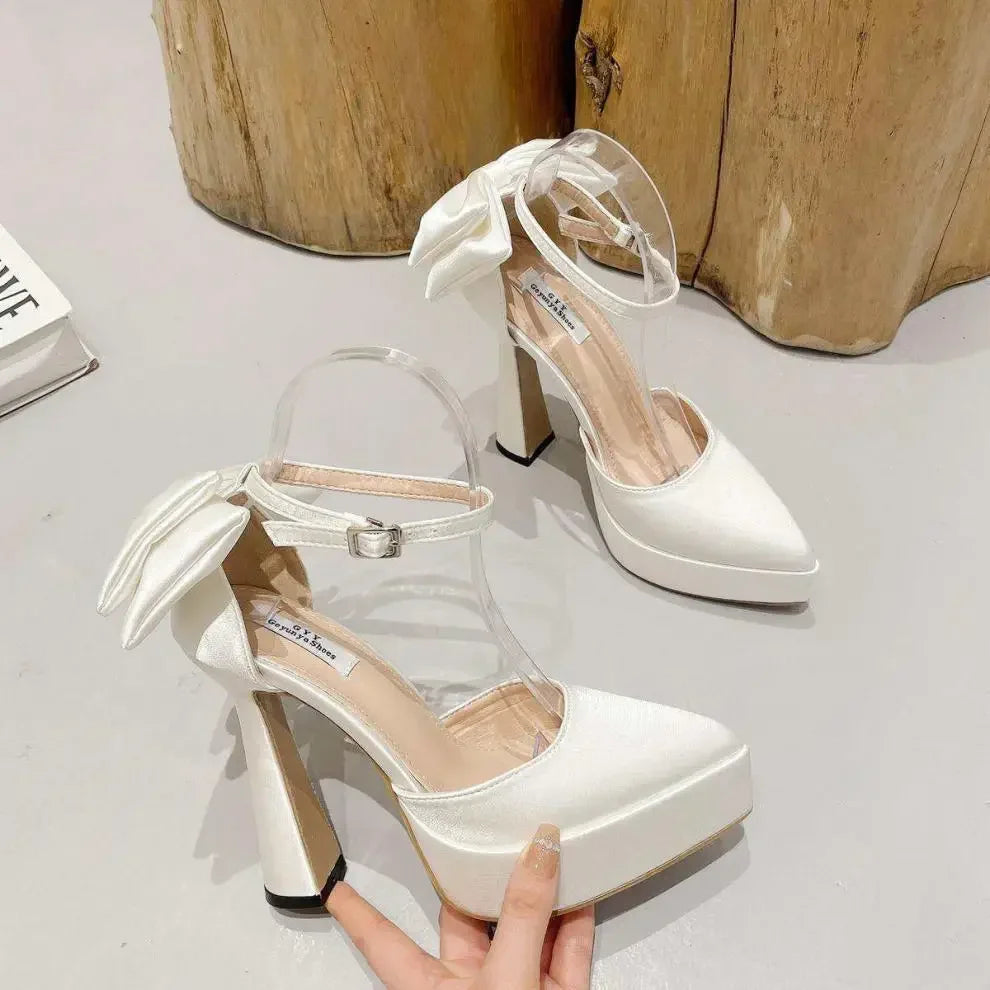 Satin Platform Heel Shoes with Bow Decoration - Doli