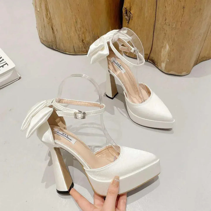 Satin Platform Heel Shoes with Bow Decoration - Doli