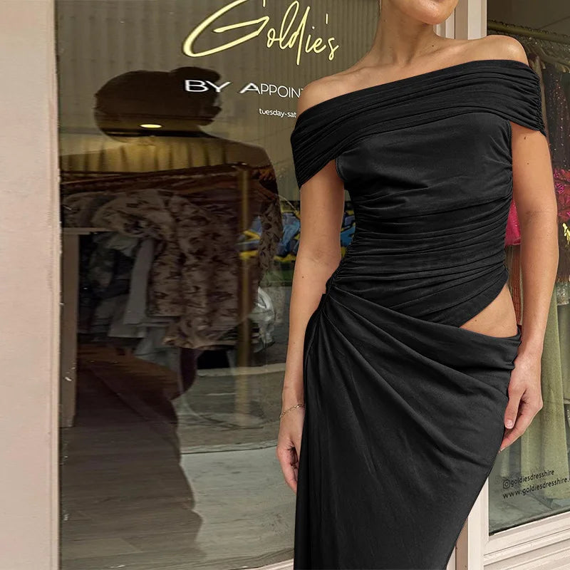 שמלת מקסי כיווצים בעיצוב רשת וכתפיים חשופות - קשת