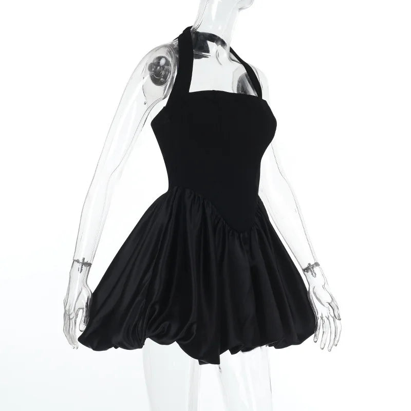 שמלת מיני בלון בגזרת קשירה בצוואר חצאית סאטן - Mikaela