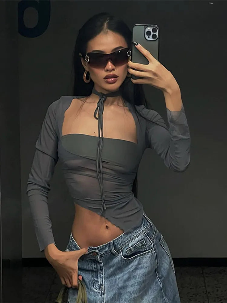 חולצת רשת בחיתוך אסימטרי - ניקס