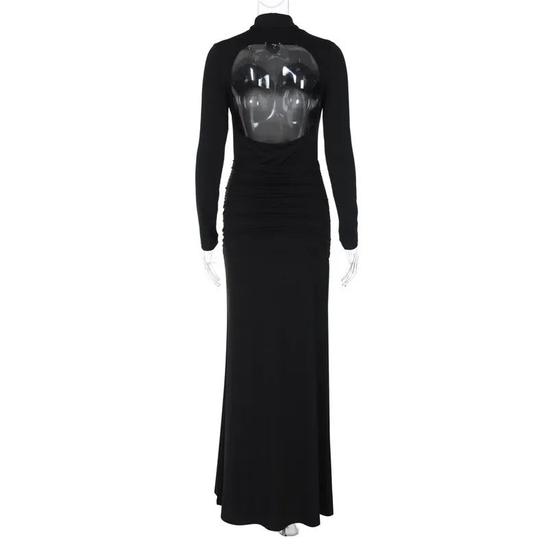 שמלת מקסי צווארון גולף גב פתוח בעיטור כיווצים - אילאיל