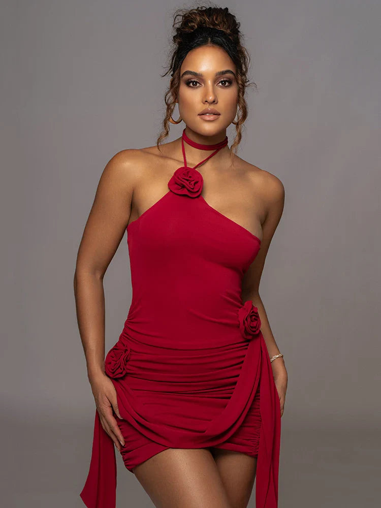 שמלת מיני כיווצים בעיצוב קשירה בצוואר בעיטור אפליקציות פרחים - ג'סמינה