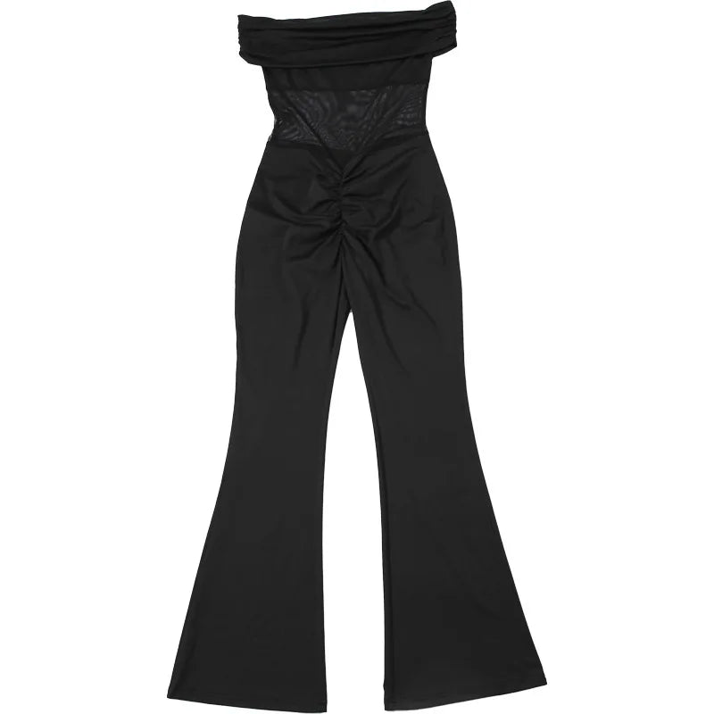 אוברול בד מחטב בעיצוב רשת וכתפיים חשופות מכנסי פדלפון - מאיילין