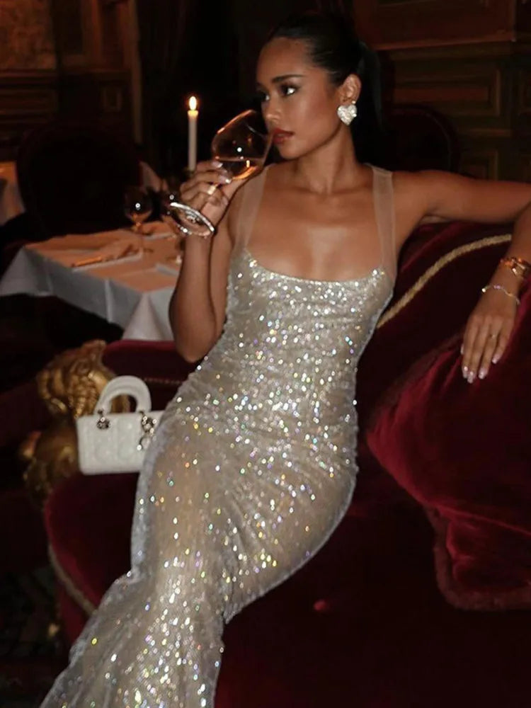 שמלת מקסי נצנצים גב פתוח - SPARKLE