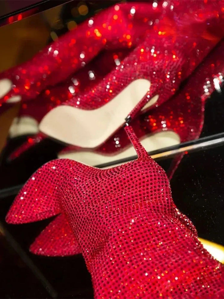 High-heeled pointed-toe boots with glittery rhinestones - Josie