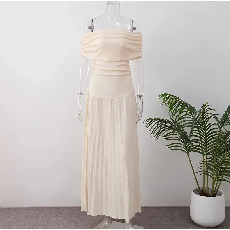 שמלת מקסי סרוגה כיווצים אלגנטית כתפיים חשופות - אלינור