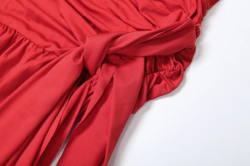 שמלת מקסי כיווצים בעיטור קשירה גב פתוח מחשוף V עמוק - פלג