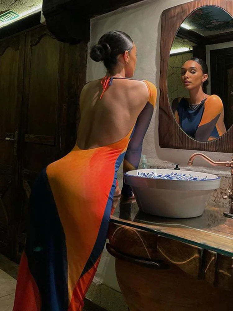 שמלת מקסי צמודה צבעים משולבים - נעמי