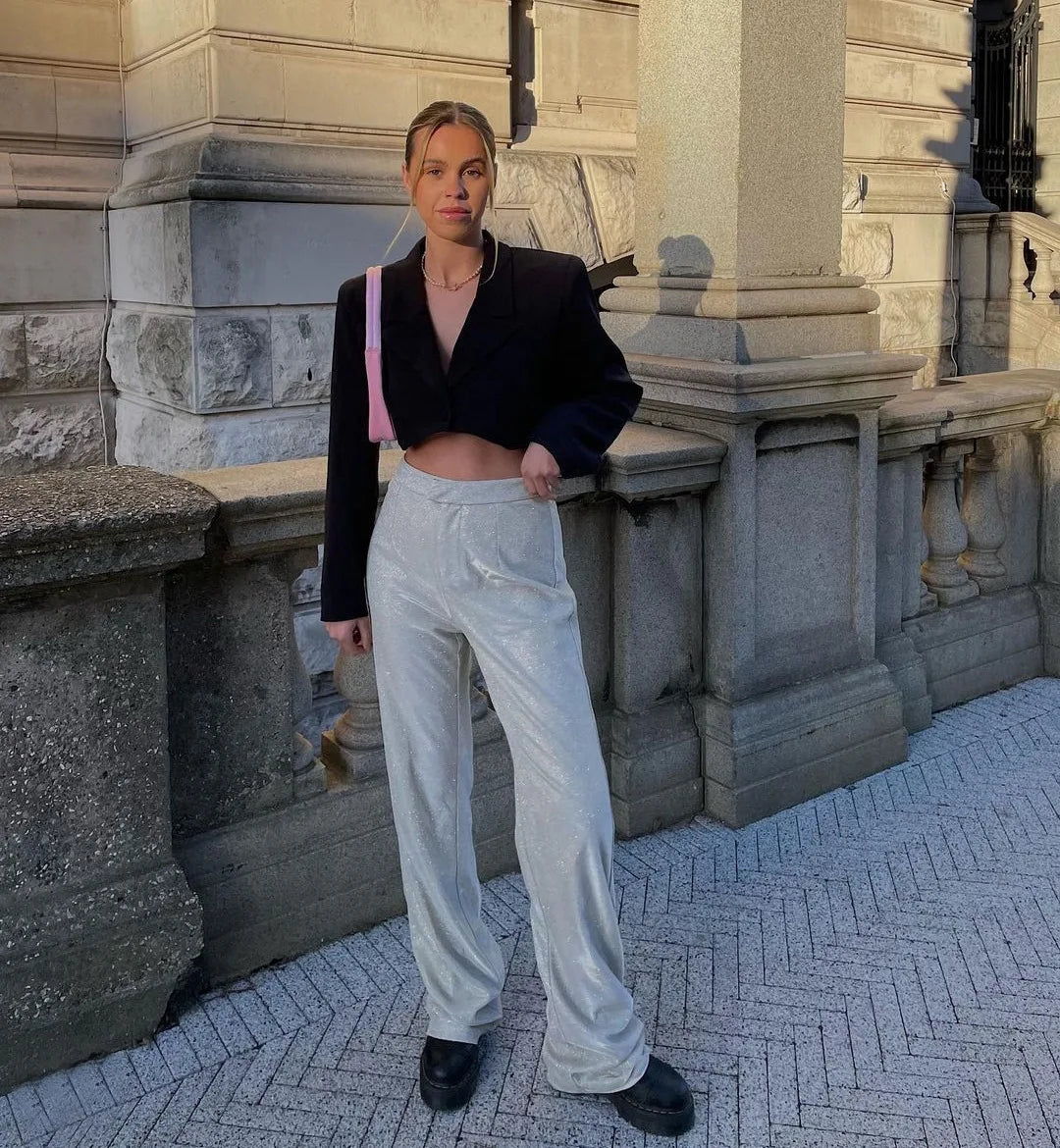 חליפת נצנצים 3 חלקים גוזיה בלייזר ומכנסיים גזרה גבוהה ארוכים - פאשה