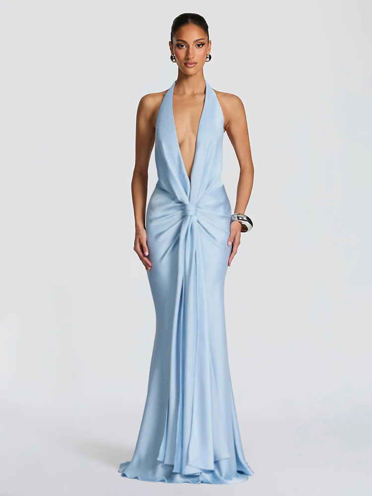 V-neck satin maxi dress with pleated design and open back - Shannon