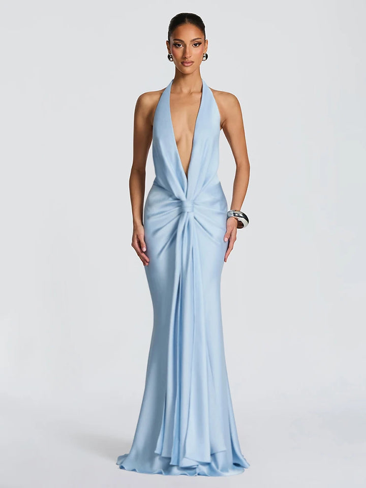 V-neck satin maxi dress with pleated design and open back - Shannon