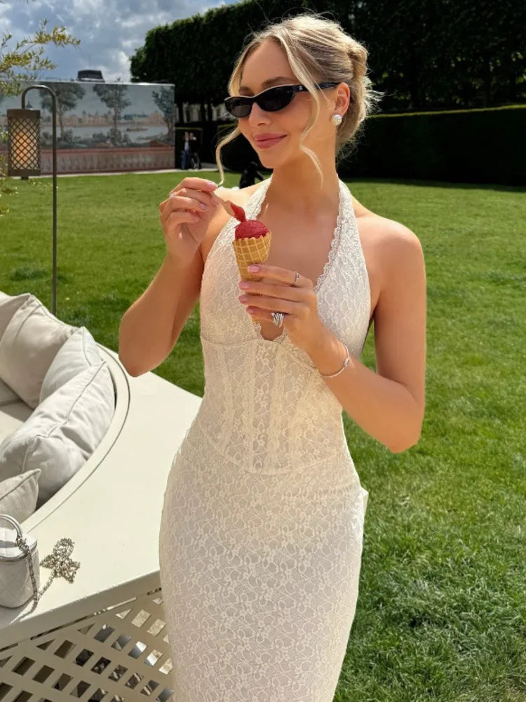 שמלת מקסי תחרה קשירה בצוואר גב פתוח - וונילה