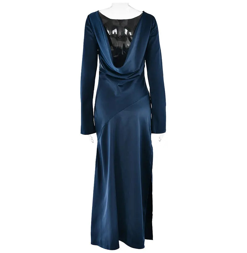 שמלת ערב מקסי סאטן גב פתוח בשילוב שסע ושרוולי פעמון  - מריאן