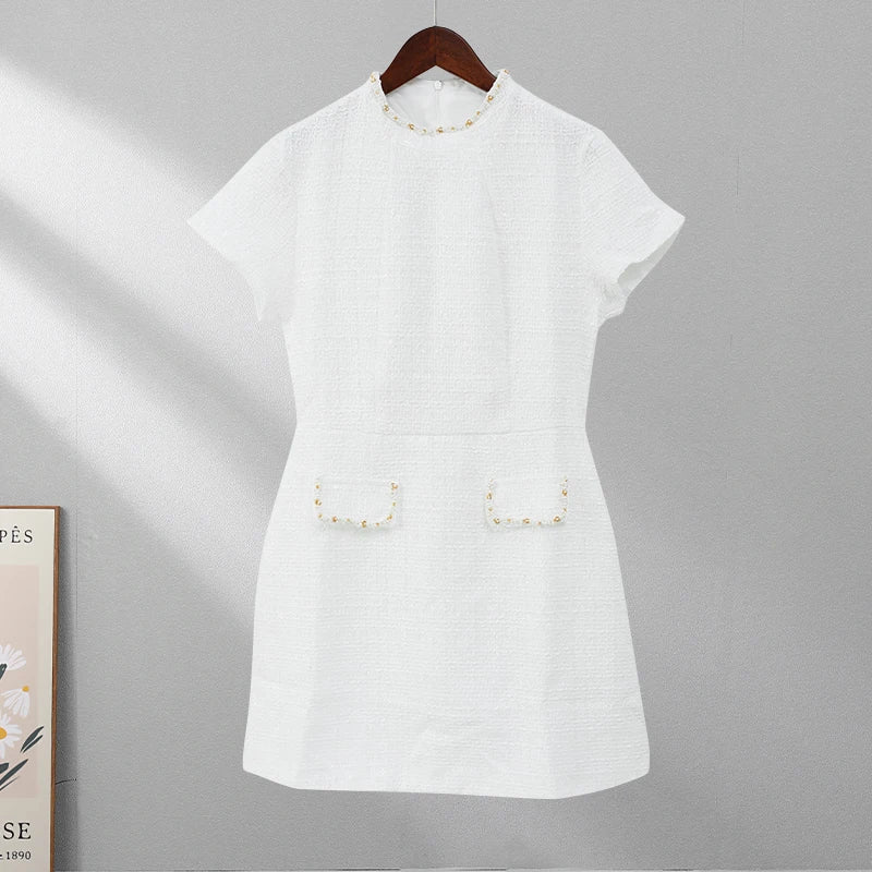 שמלת מיני אלגנטית שרוול קצר/ארוך סגנון מחויט בד ארוג בעיטור נצנצים ופנינים - Lucia