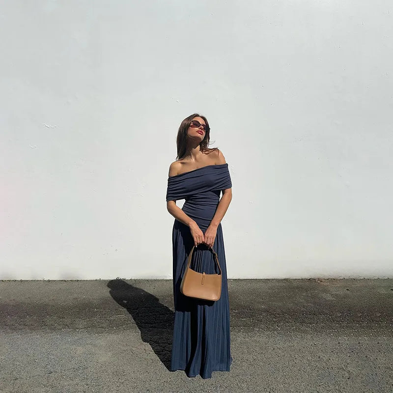 שמלת מקסי סרוגה כיווצים אלגנטית כתפיים חשופות - אלינור