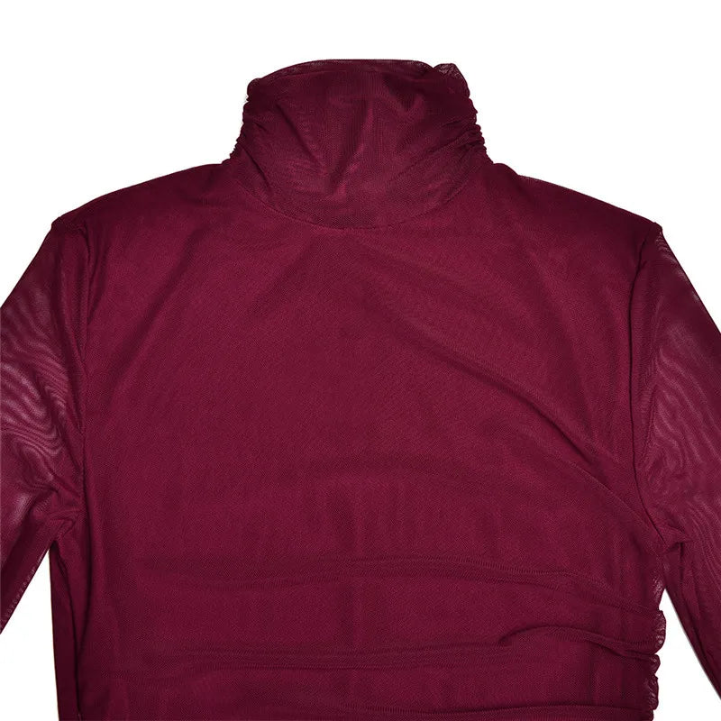 שמלת מיני קיפולים צווארון גולף שרוולי שיפון פעמון -  NARA