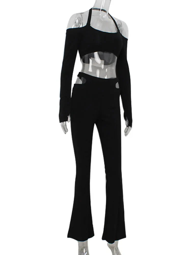 סט שני חלקים בעיצוב פתחים טופ קולר ומכנס פדלפון - סטייס