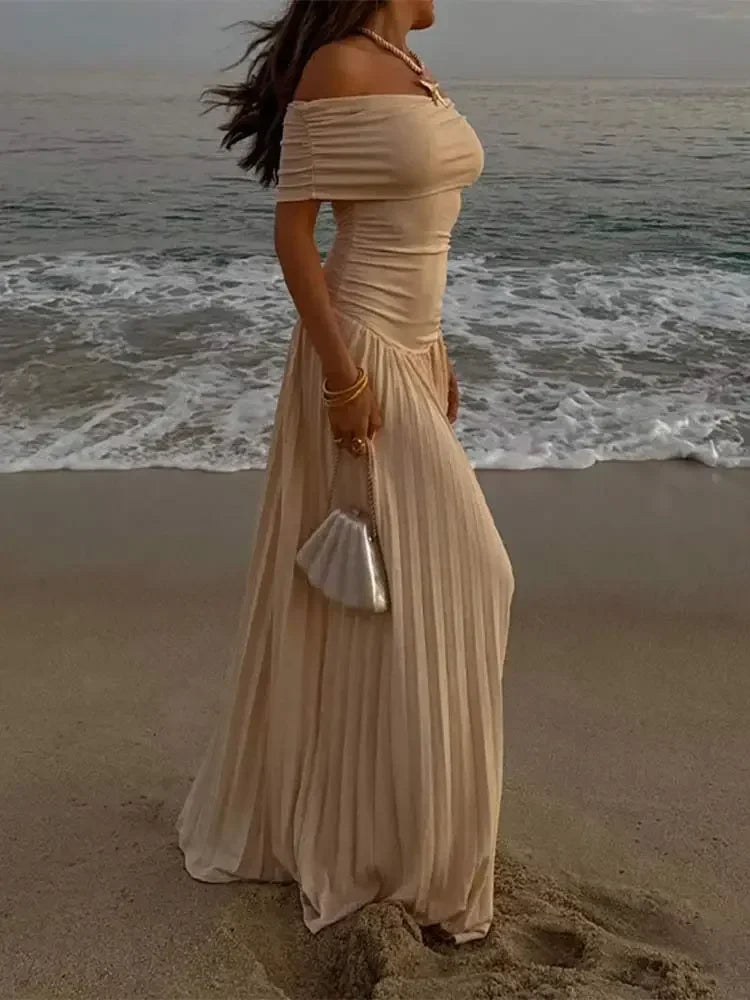 שמלת מקסי סרוגה כיווצים אלגנטית כתפיים חשופות - אלינור