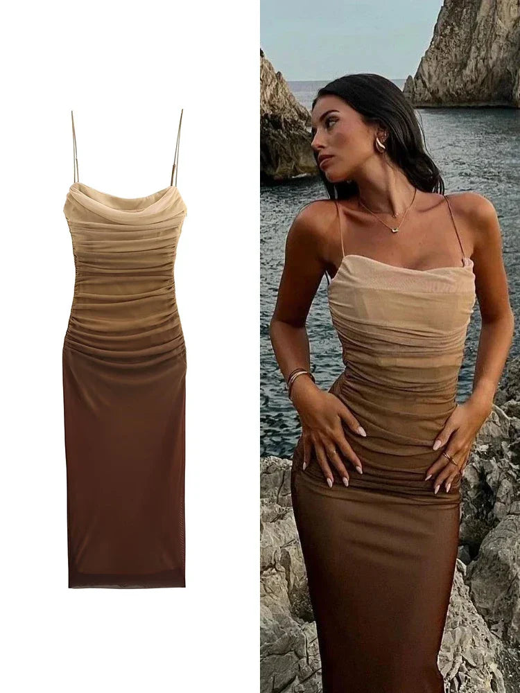 שמלת מקסי שיפון כיווצים כתפיות ספגטי בצבעי אומברה - אוליביה
