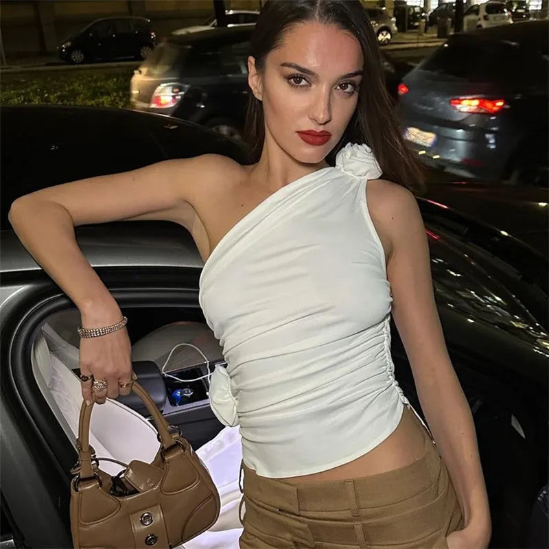 גופייה אסימטרית כתף אחת בעיטור פרחים - דון