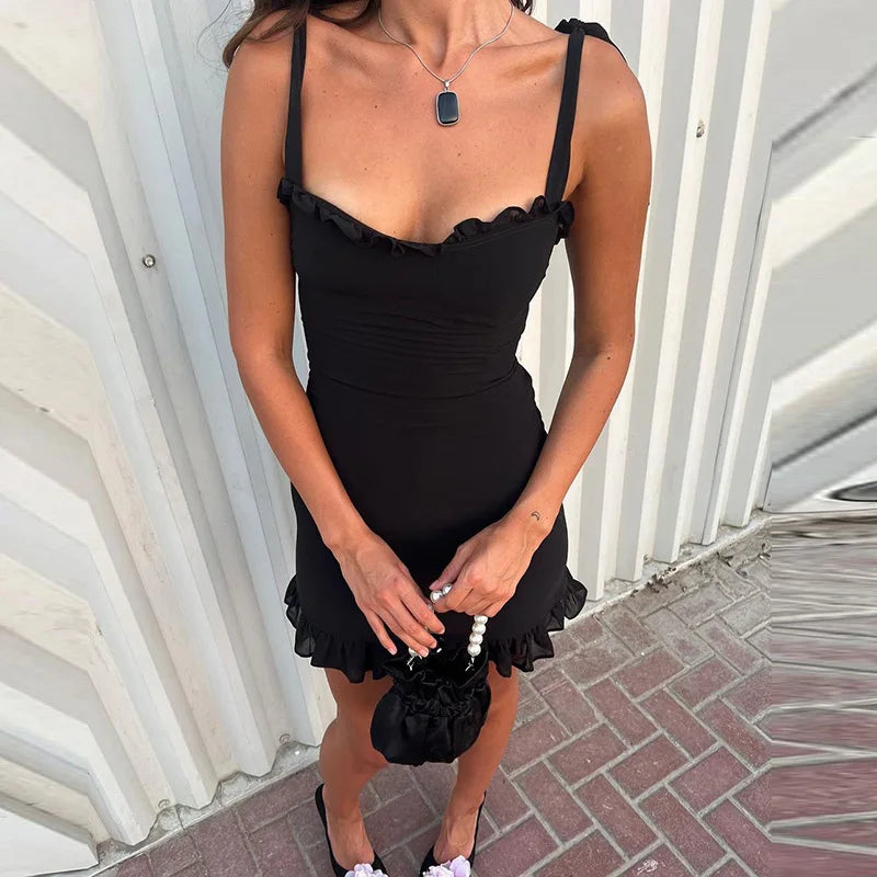 שמלת מיני צמודה בעיטור מלמלת שיפון קשירה בכתפיות - מימי