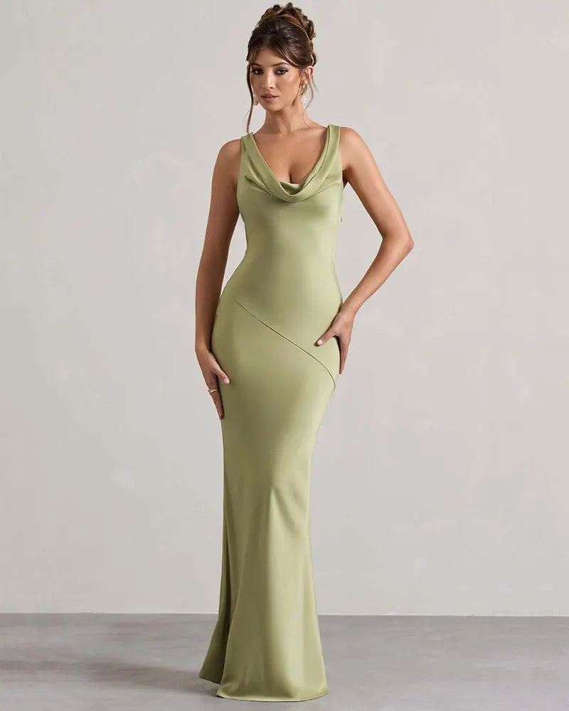 שמלת מקסי סאטן בעיצוב צווארון נופל וגב פתוח - אלקסיס